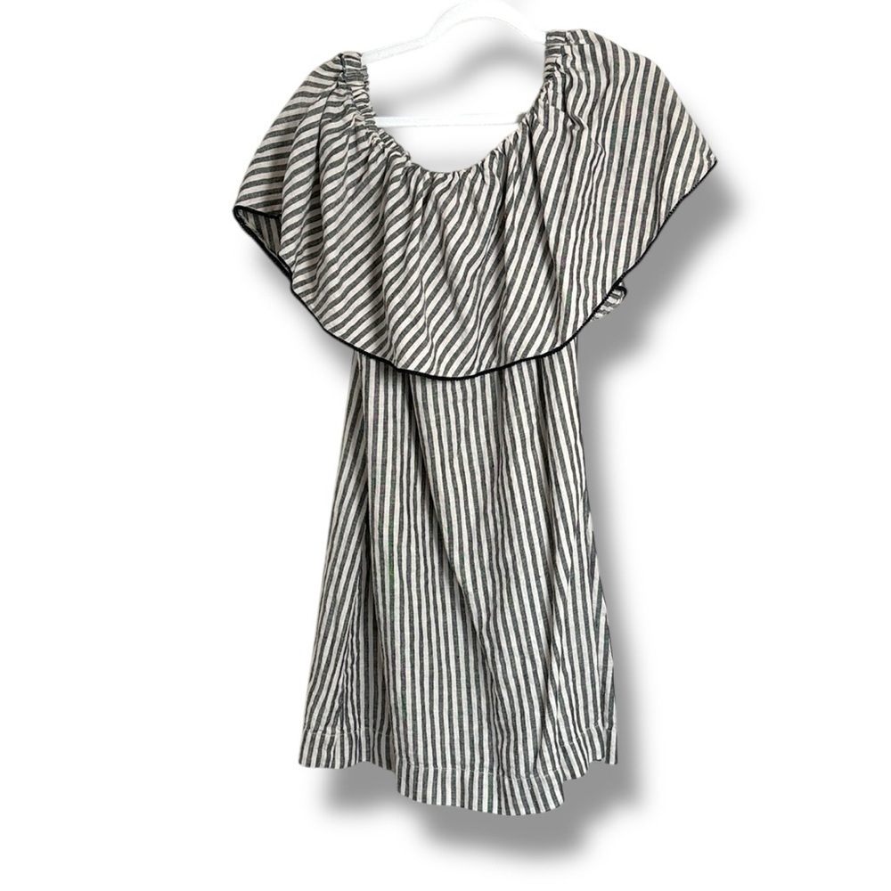 Out of Office Trina Turk Gray/White Striped Ruffle Linen Mini Dress Size Large
